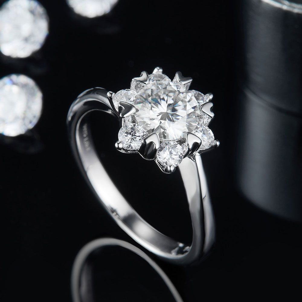 Round Brilliant Floral Halo Moissanite Engagement Ring Moissanite Ring